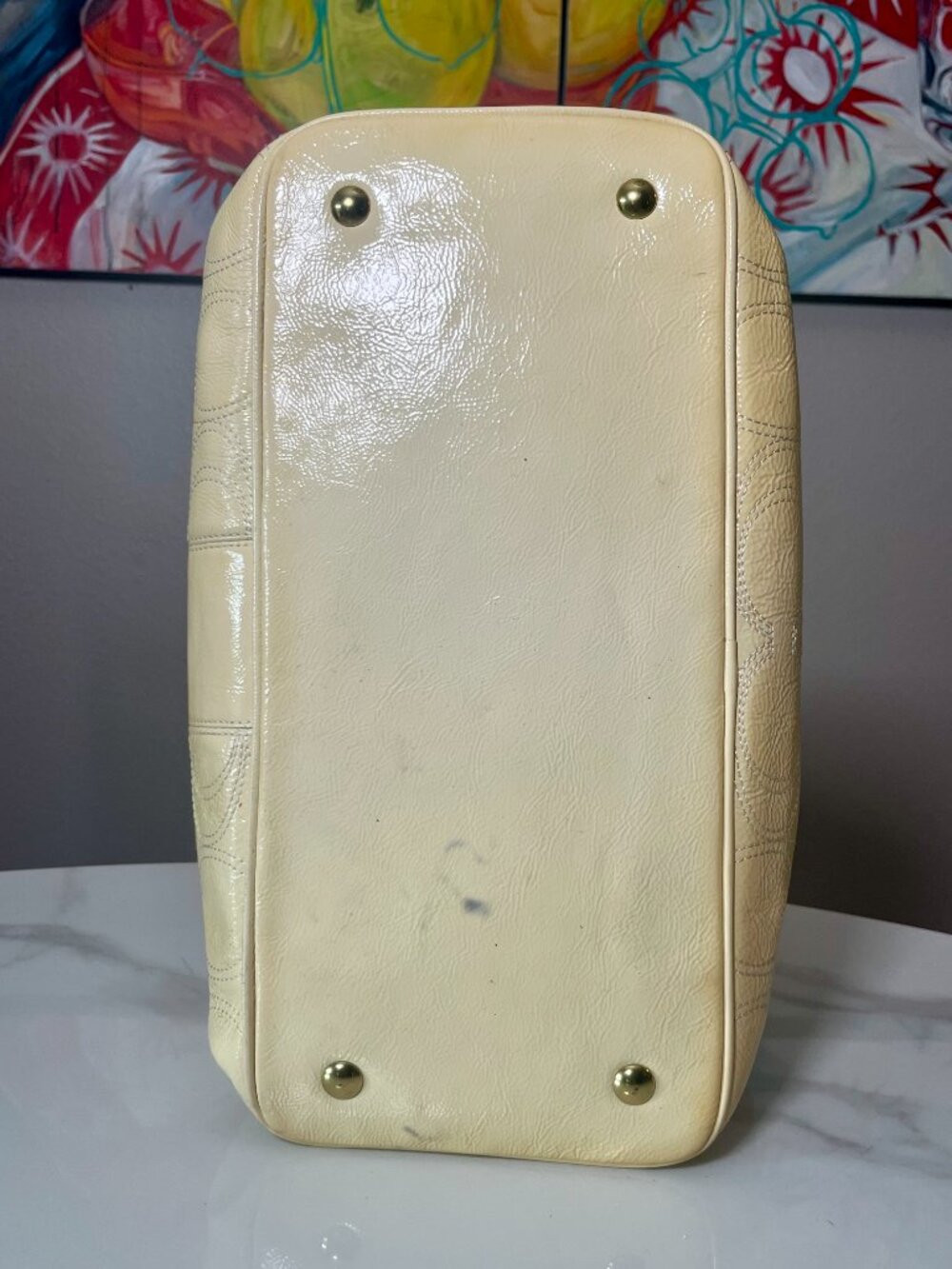 Coach Signature Stitched Pale Yellow Patent Leather Kisslock Carryall F19215 - Picture 8 of 16